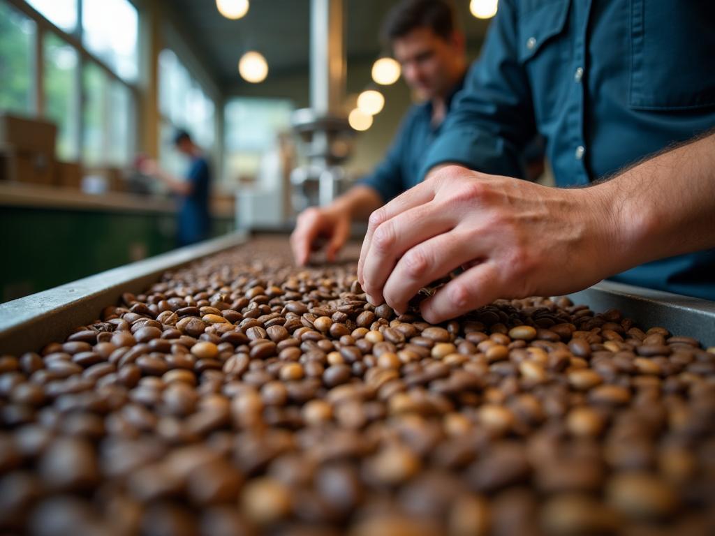 Quality inspector hand-sorting premium coffee beans